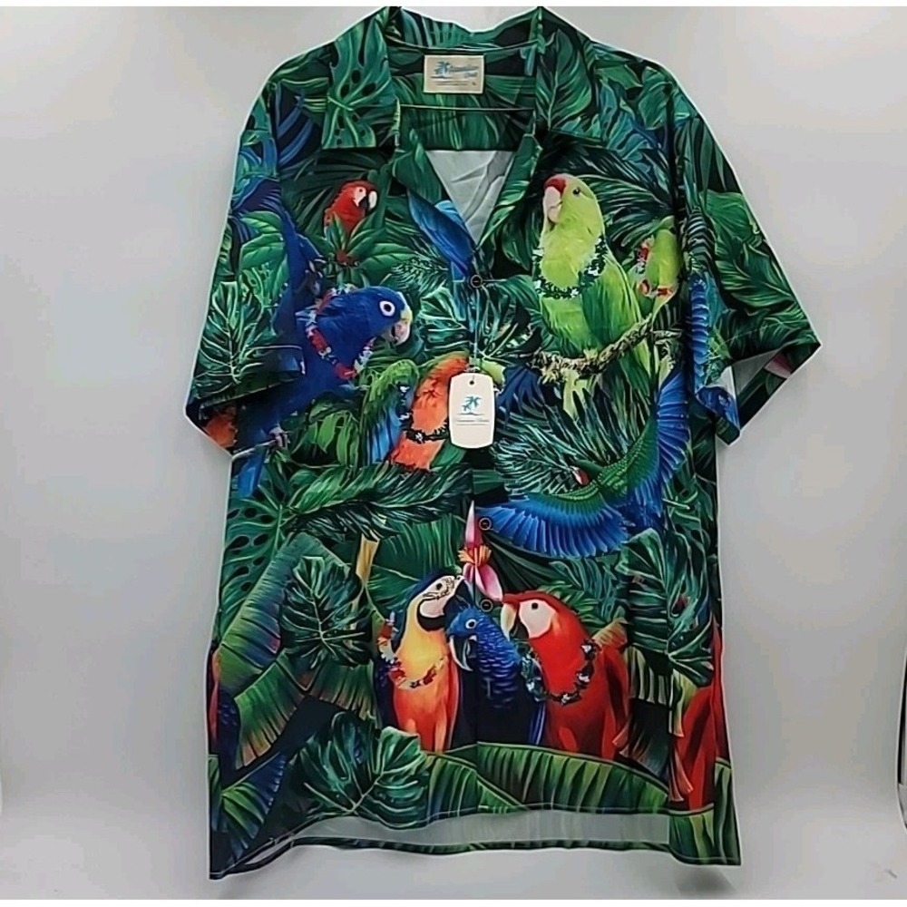 XL Parrot Graphic Print Hawaiian Shirt Button Up Big & Tall Shirt Macaw Bright